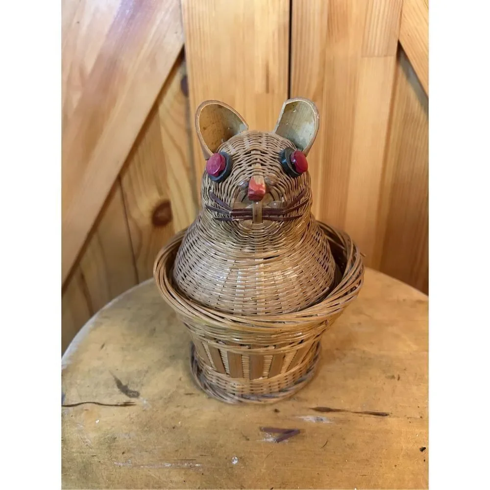 Vintage Wicker Cat-shaped Nesting Basket, Woven Basket with Lid (8564)